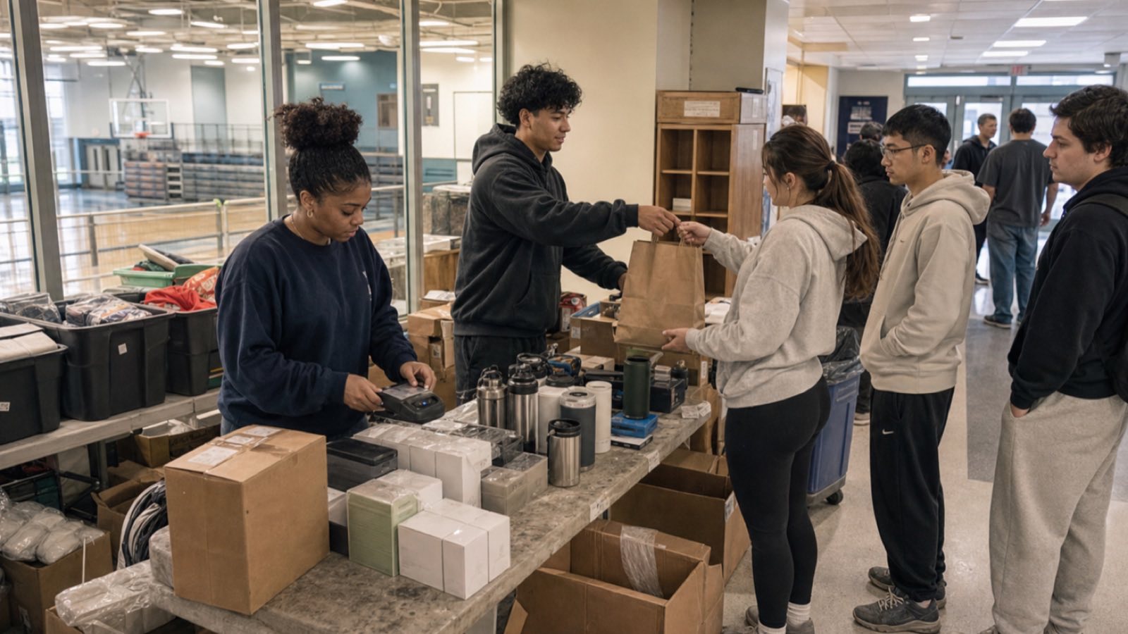 Young sales workers completing customer purchases at a community event