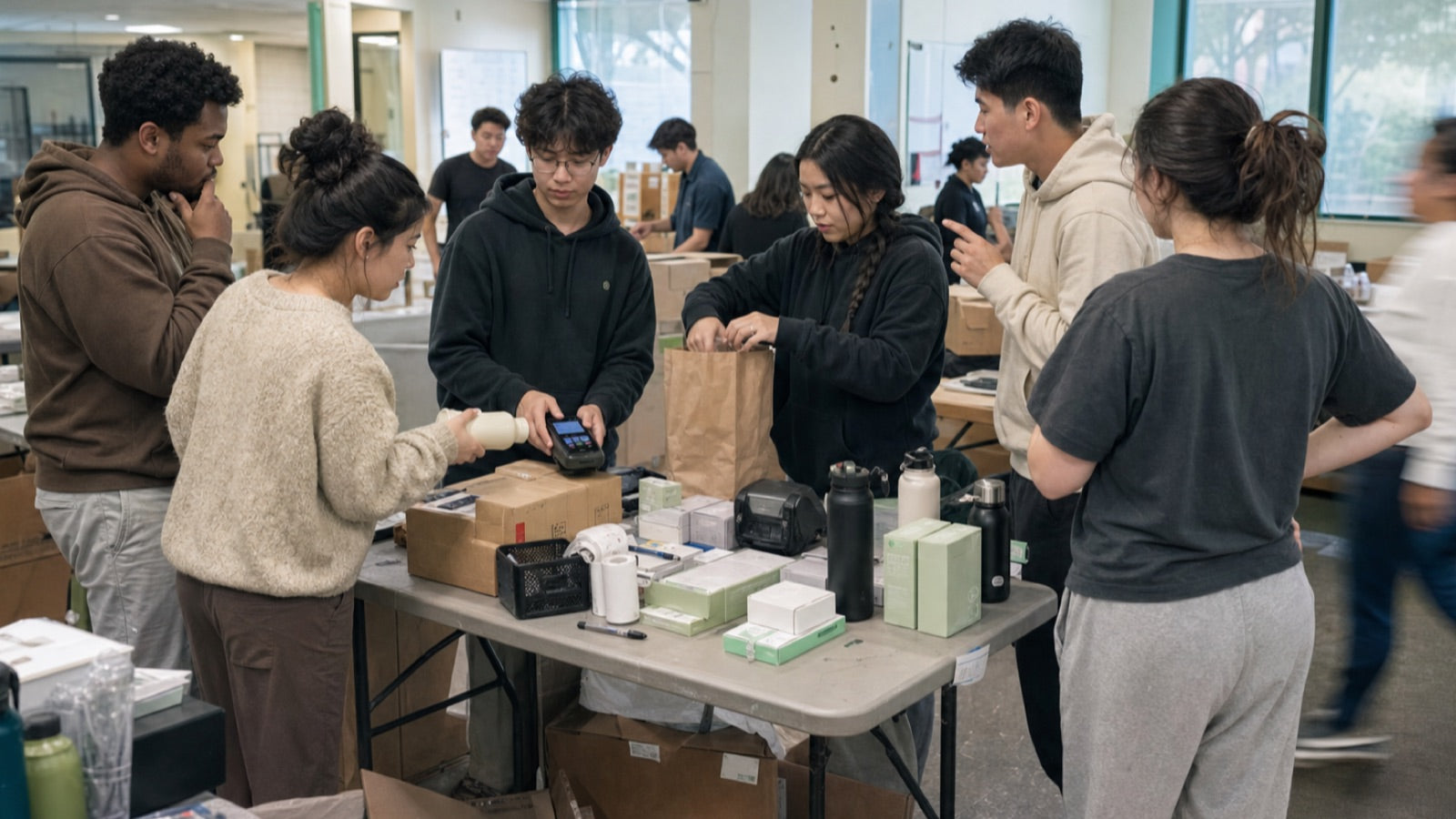 Young participants practicing a real checkout flow before a community sales event